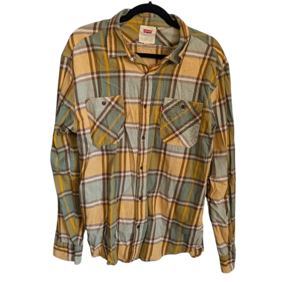 Levi's men's button down green yellow plaid flannel shirt large - Picture 1 of 7